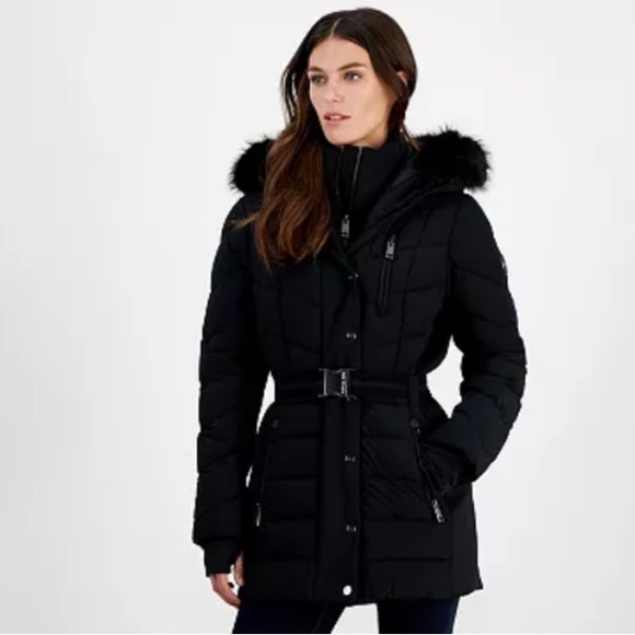 NWT Michael Michael Kors Women’s Belted Bibbed Hooded Puffer Coat - Black - Picture 3 of 16